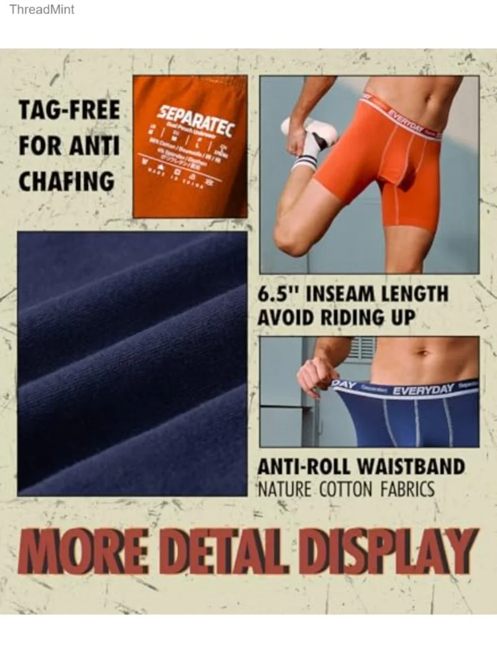 Men's Dual Pouch Cotton Boxer Briefs Breathable Tagless Multipack